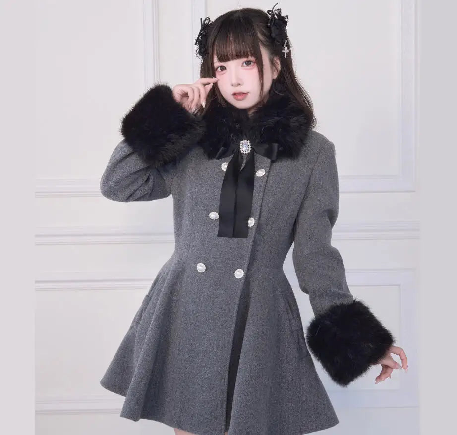 Fur Collar Slim Double-Breasted Woolen Coat