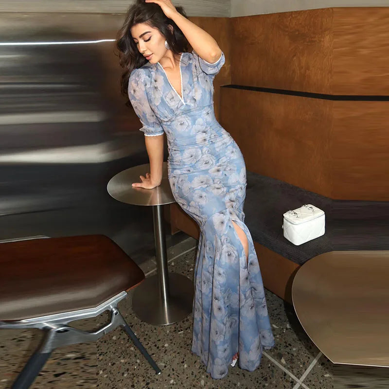 Print Long Ruffle Pleated Short Sleeve V-Neck Dress