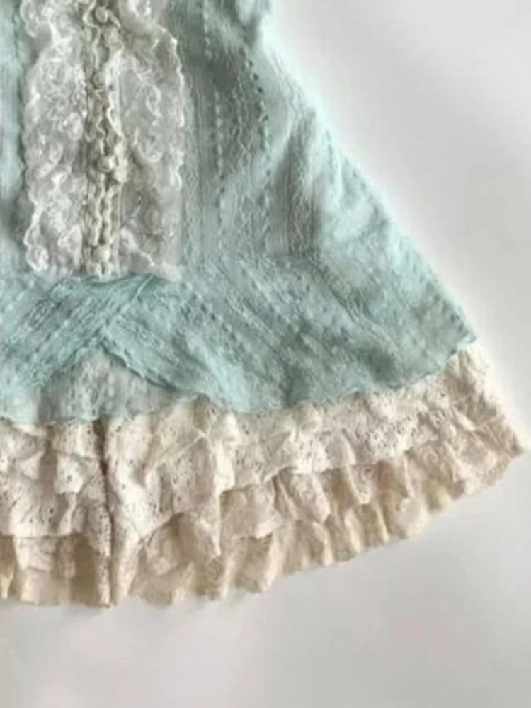 Casual Lace Green Top + Design Mini Skirt