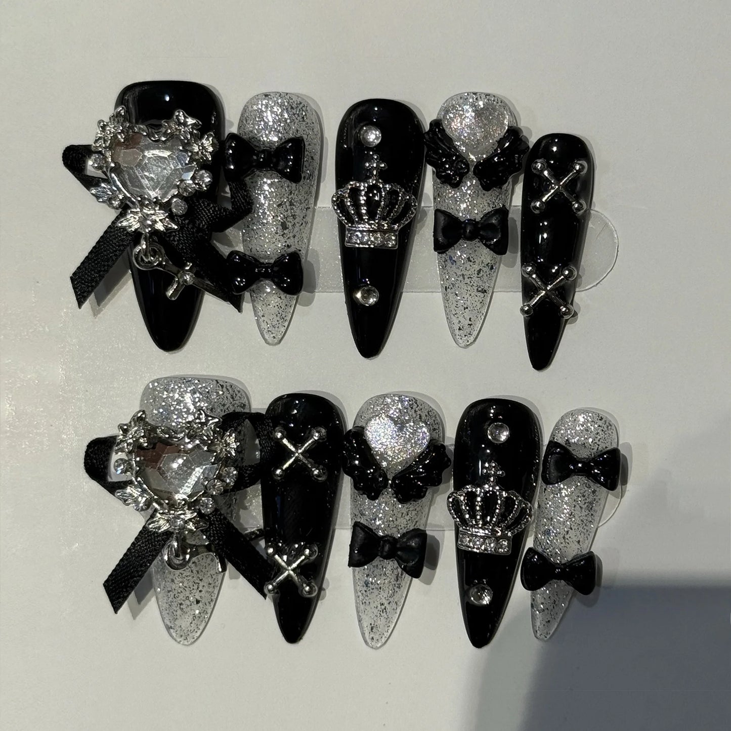 Long Stiletto Press on Fake Nails Blue Heart Diamond Bow Decoration False Nail Y2K Fashion Artificial Nail Handmade Acrylic Nail