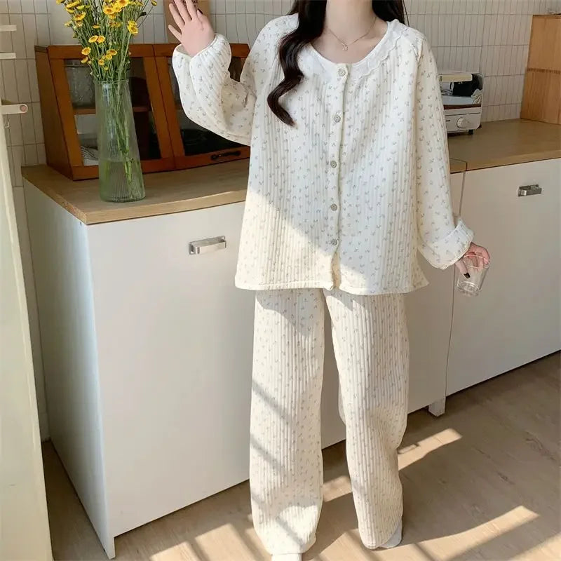 Floral Sleepwear Women Pajama Sets Winter Piiama Fleece Pants Sets 2 Pieces Korean Cute Lace Night Wears Warm Sleeping Home Suit