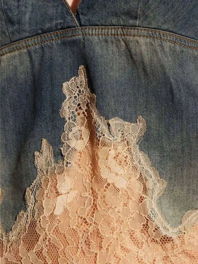 DEAT 2 Pcs Set Denim Lace Backless Tank Tops High Waist Lace-up Pockets Knee Length Shorts