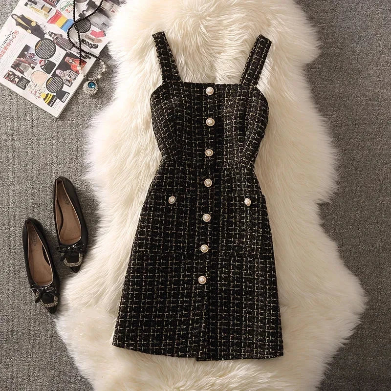 Tweed Vest Suspender Woolen Dress