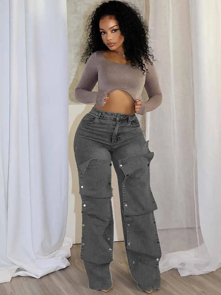 High-Waisted Wide-Leg Cargo Jeans with Snap Button Overlays