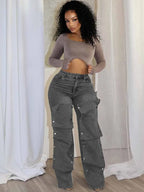 High-Waisted Wide-Leg Cargo Jeans with Snap Button Overlays