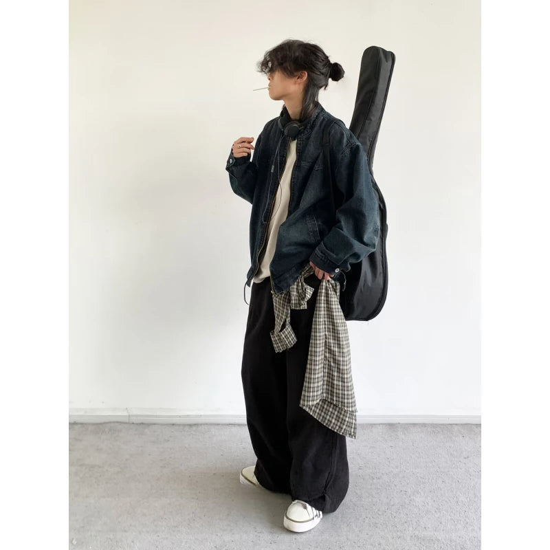 Denim Jackets+Big Pocket Wide Leg Cargo Pants Set