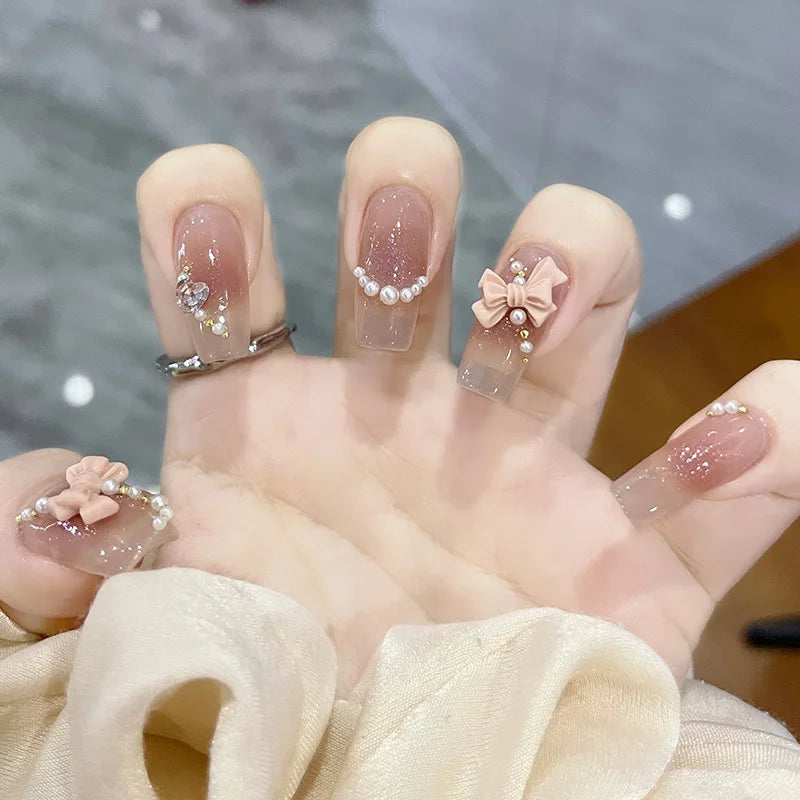 Blush Pink False Nails Bowknot Diamond Pearl 3D Design Press on Nail Tips with Harmless Smooth Edge Nails Woman DIY Fake Nails