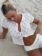 Crochet Hollow Out O Neck Knitted Shirt Set
