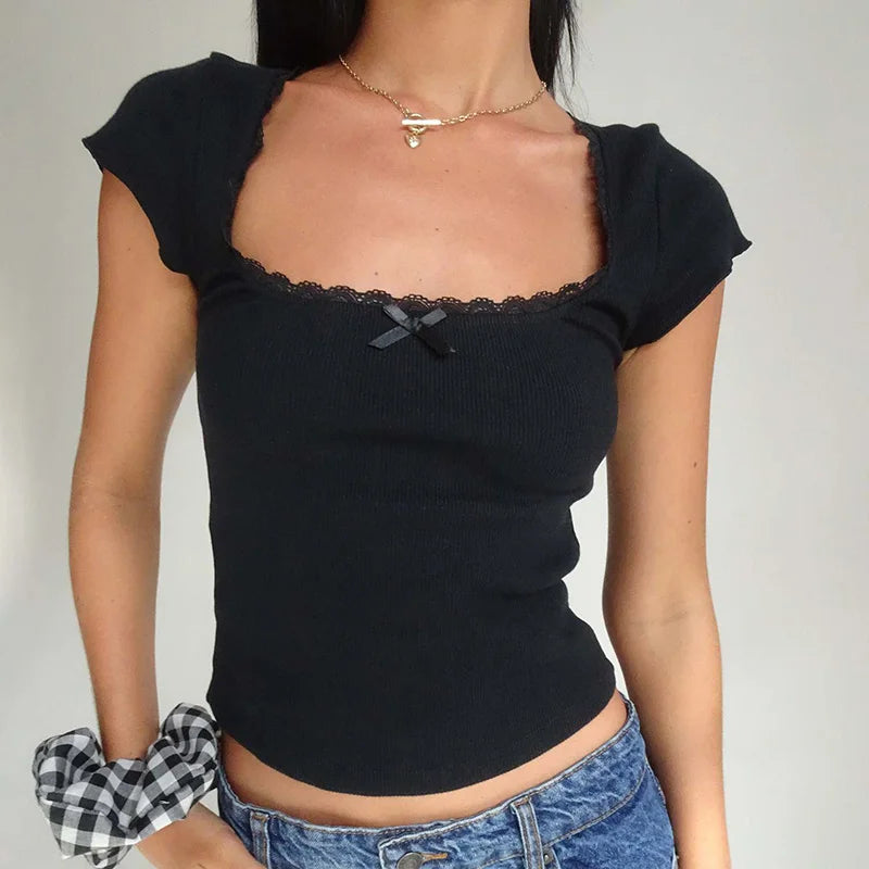 Baby Tee Cottage Lace Trim Knitted T-Shirt