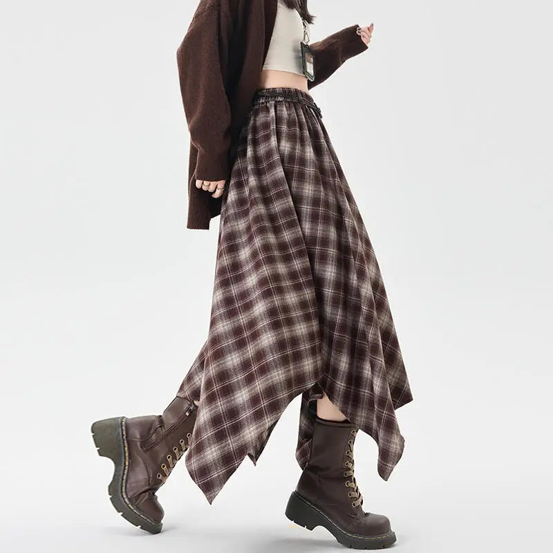 Plaid High Waisted Elastic A-Line Mid Length Irregular Skirt