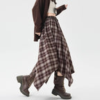 Plaid High Waisted Elastic A-Line Mid Length Irregular Skirt