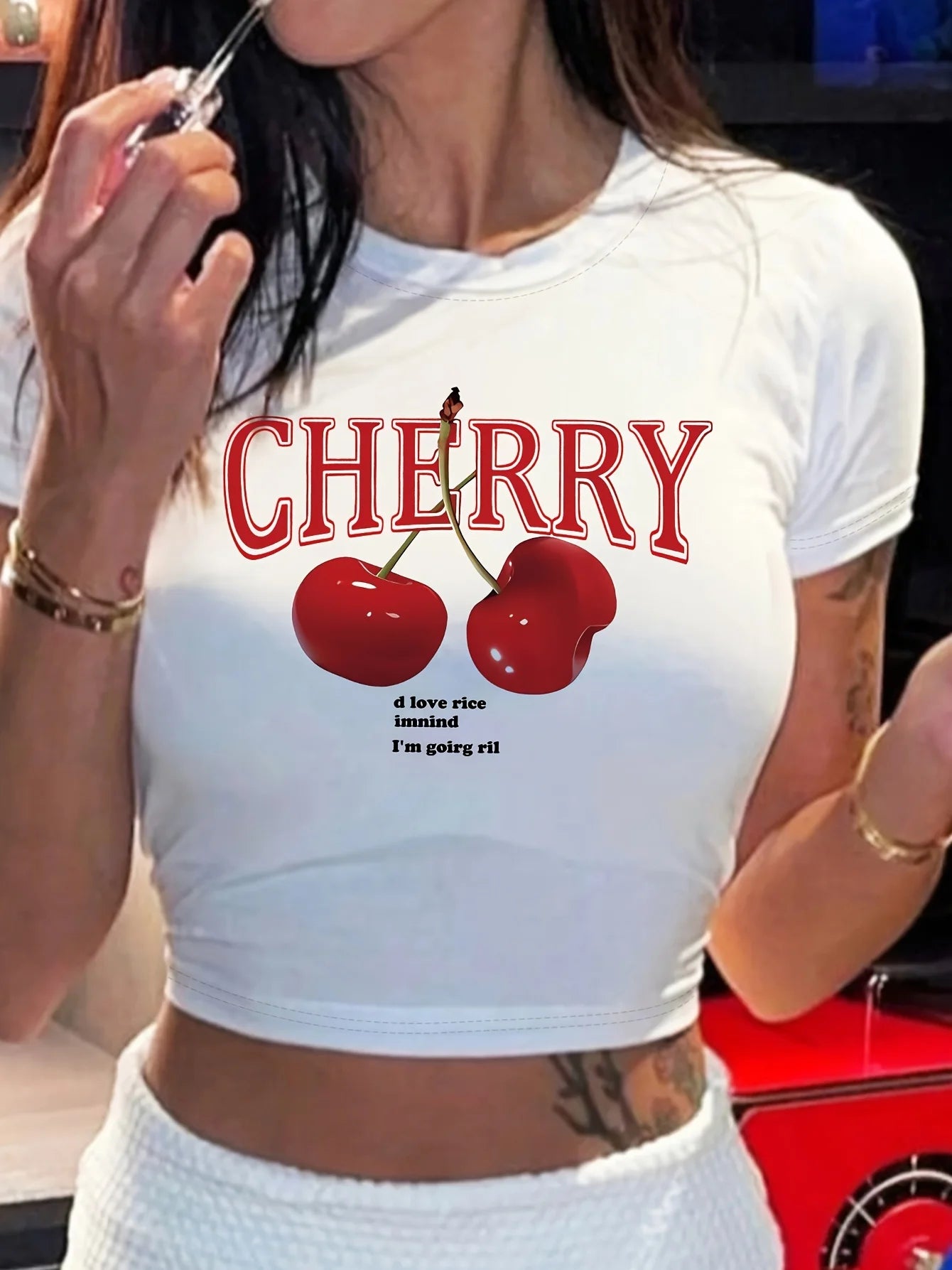 Cherry Print Crew Neck Crop Tee