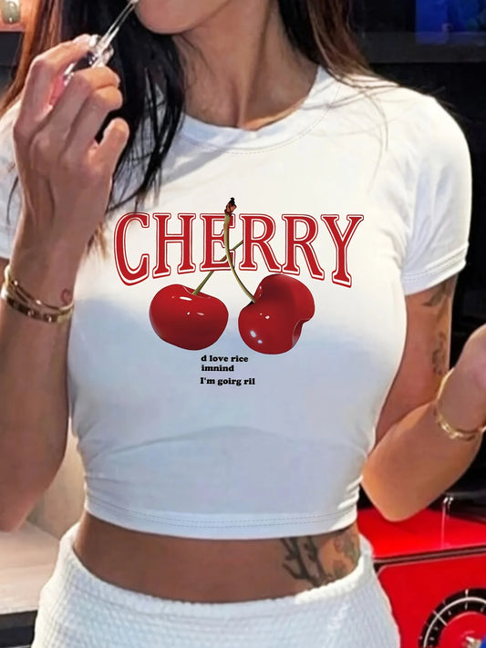 Cherry Print Crew Neck Crop Tee