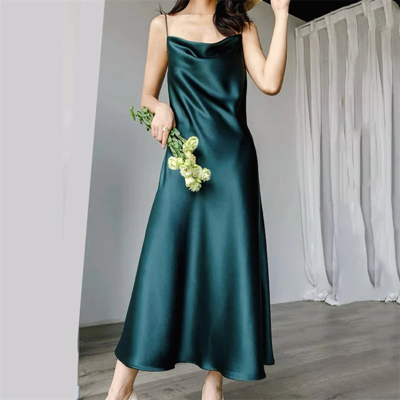 Solid Ice Silk Spaghetti Strap Dress