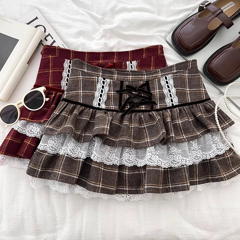 Patchwork Plaid Print Lace Ruffle Cake Skirt