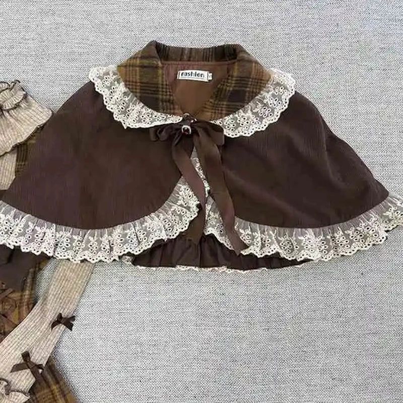 Lace Bow Peter Pan Collar Cloak Top Plaid Mini Dress Set