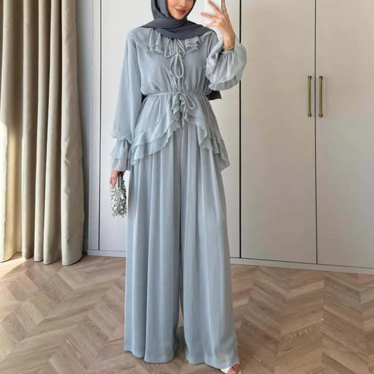 Women Top Wide Leg Pants 2 Piece Set Ramadan Eid Muslim Blouse Trousers Arabic Outfits Morocco Lace Up Dubai Islam Ensemble