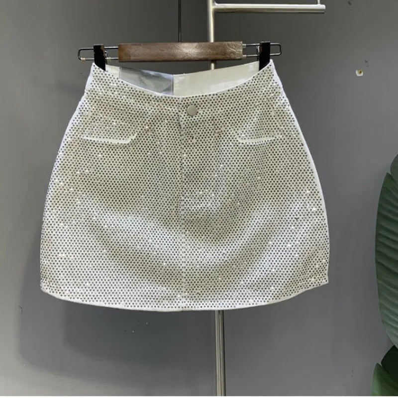 High-Waisted Rhinestone Denim Mini Skirt