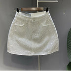 High-Waisted Rhinestone Denim Mini Skirt