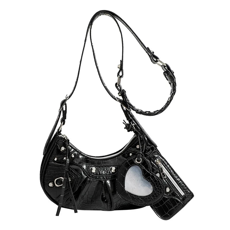 Croc-Embossed Biker Shoulder Bag