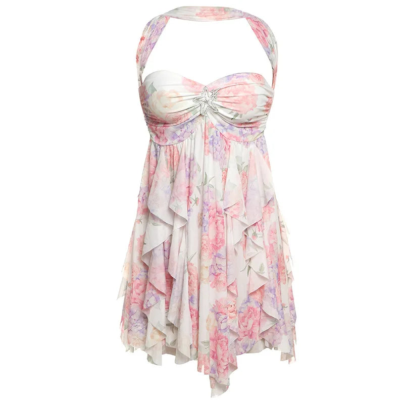 Flower Printed Mesh Strapless Mini Dress
