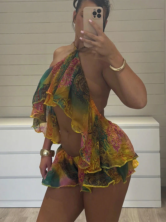 Weird Puss Irregular Backless Halter Camisole + Shorts Set