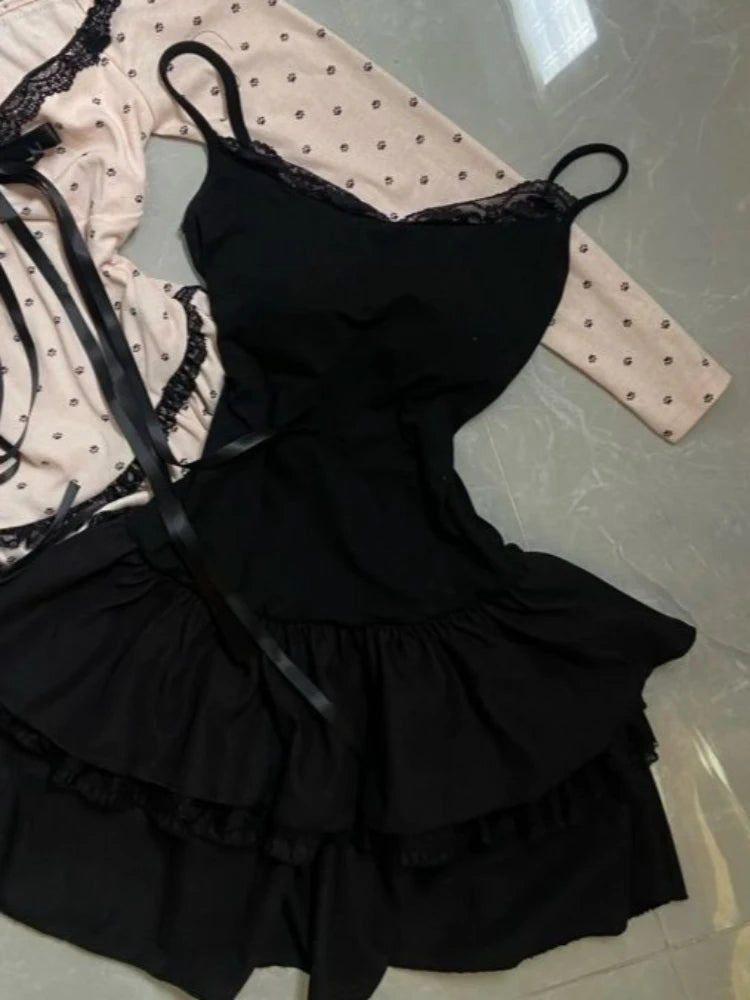 Bowknot Polka Dot Tops + Skinny Black Dress Set
