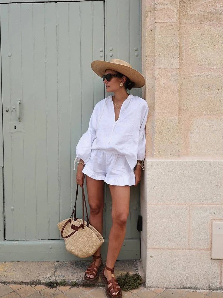 Casual White Linen-Blend Two-Piece Set