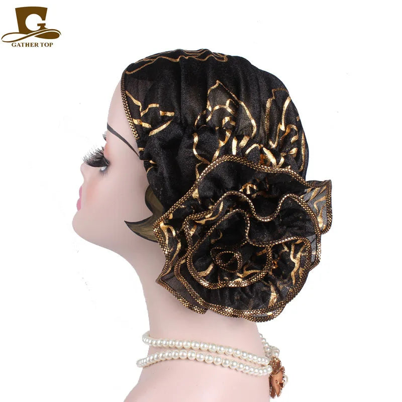 2025 Spring New Large Flower Turbans For Women Beauty Yarn Plate Jacquard Headwrap Lace Hat MuslimTurban Caps Islamic Headwear