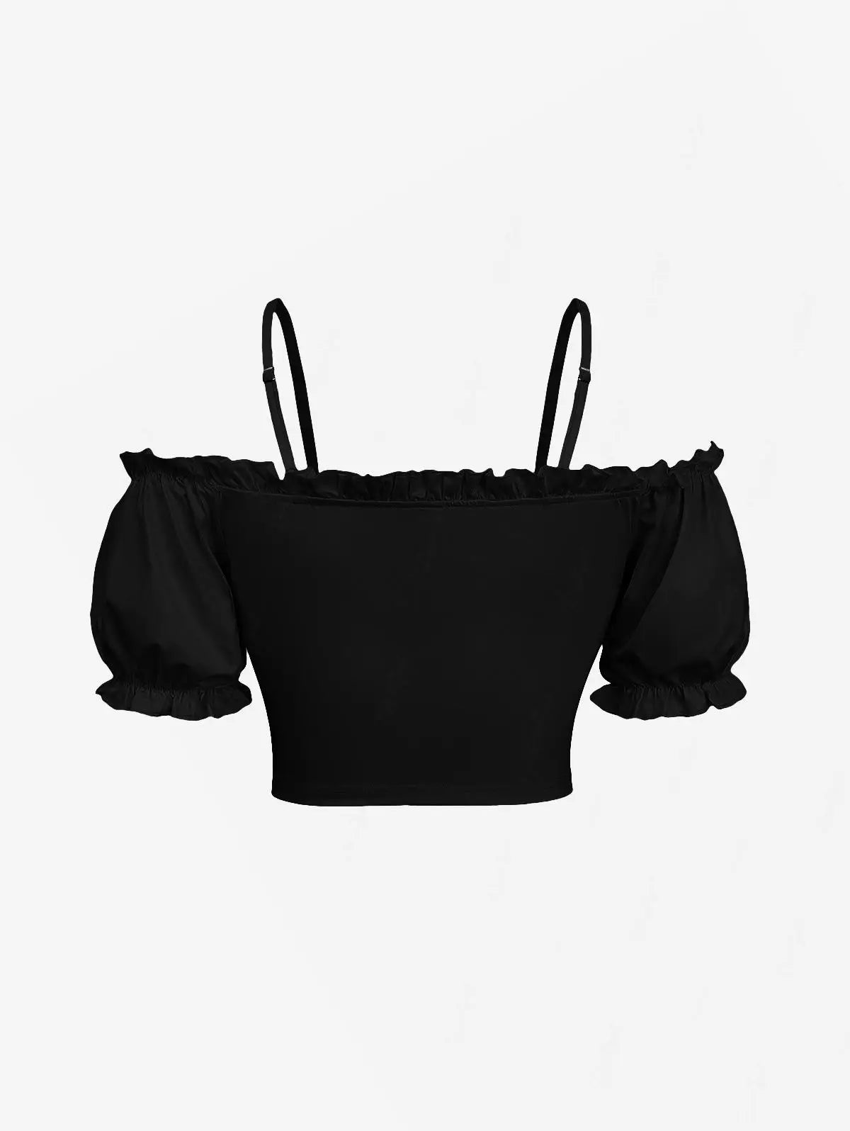 Cold Shoulder Puff Sleeves Cinched Ruffles Cropped Tops Solid  Women Summer Casual Cami Top XS-3X