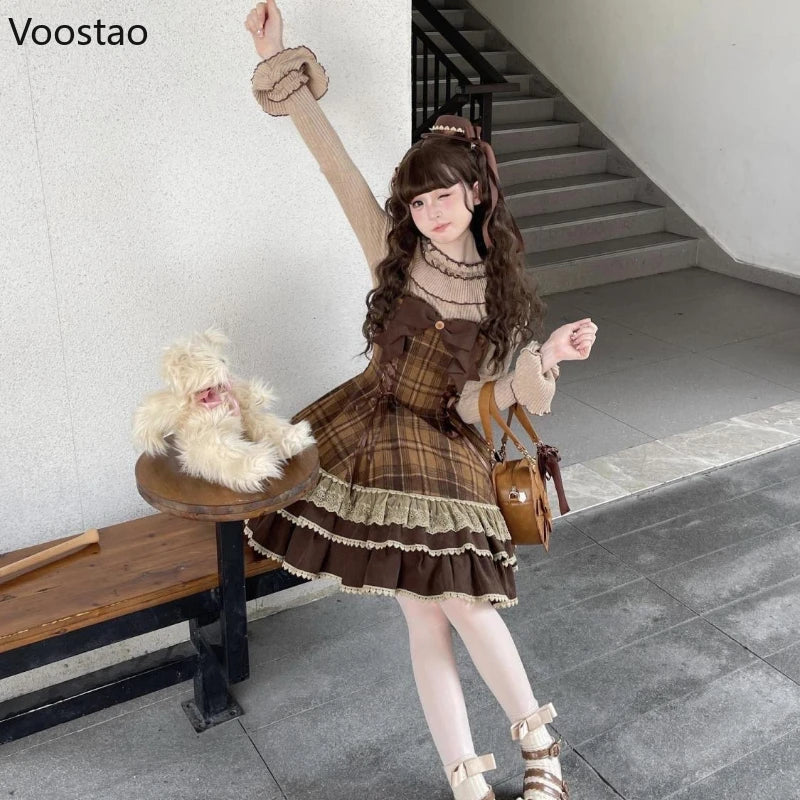 Lace Bow Peter Pan Collar Cloak Top Plaid Mini Dress Set