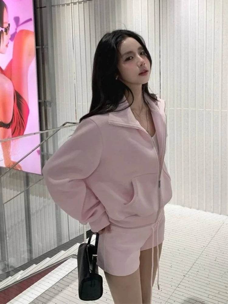 Zipper Hoodie Jacket + High Waist Straight Shorts Set