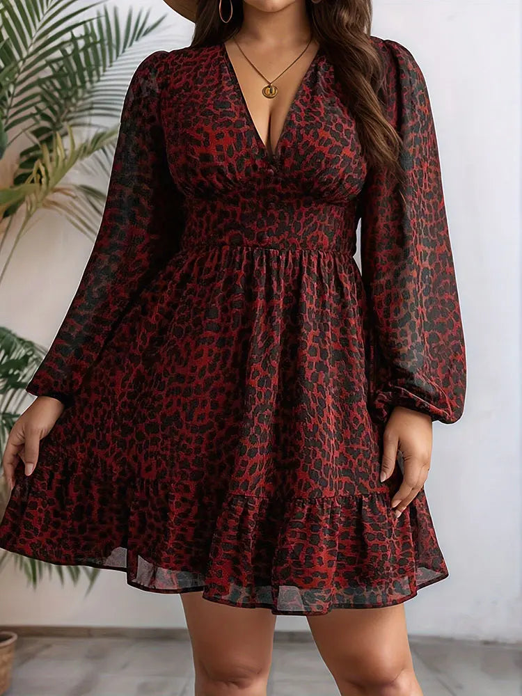 V-Neck Leopard Print Long-Sleeve Dress