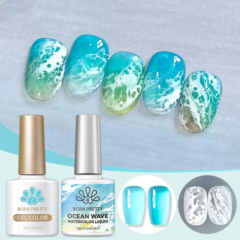 BORN PRETTY 1/2Pcs Ocean Wave Watercolor Liquid Gel Nail Polish Set