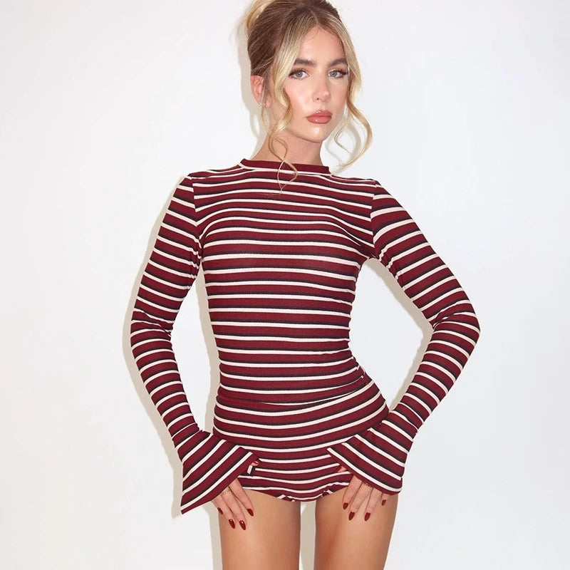 Casual Striped Long Sleeve Top And Shorts Set