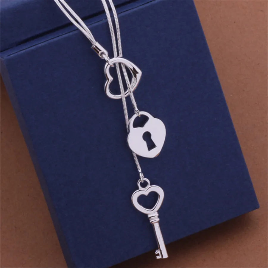 925 Sterling Silver Heart Lock Key Necklace