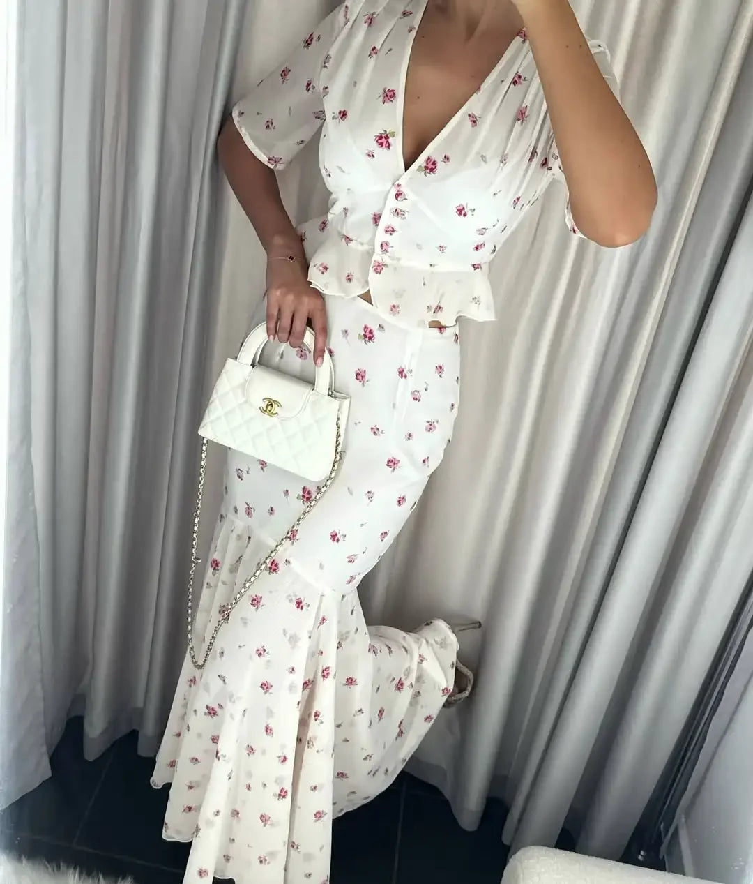 Floral Print V-Neck Peplum Top and Matching Fishtail Midi Skirt Set