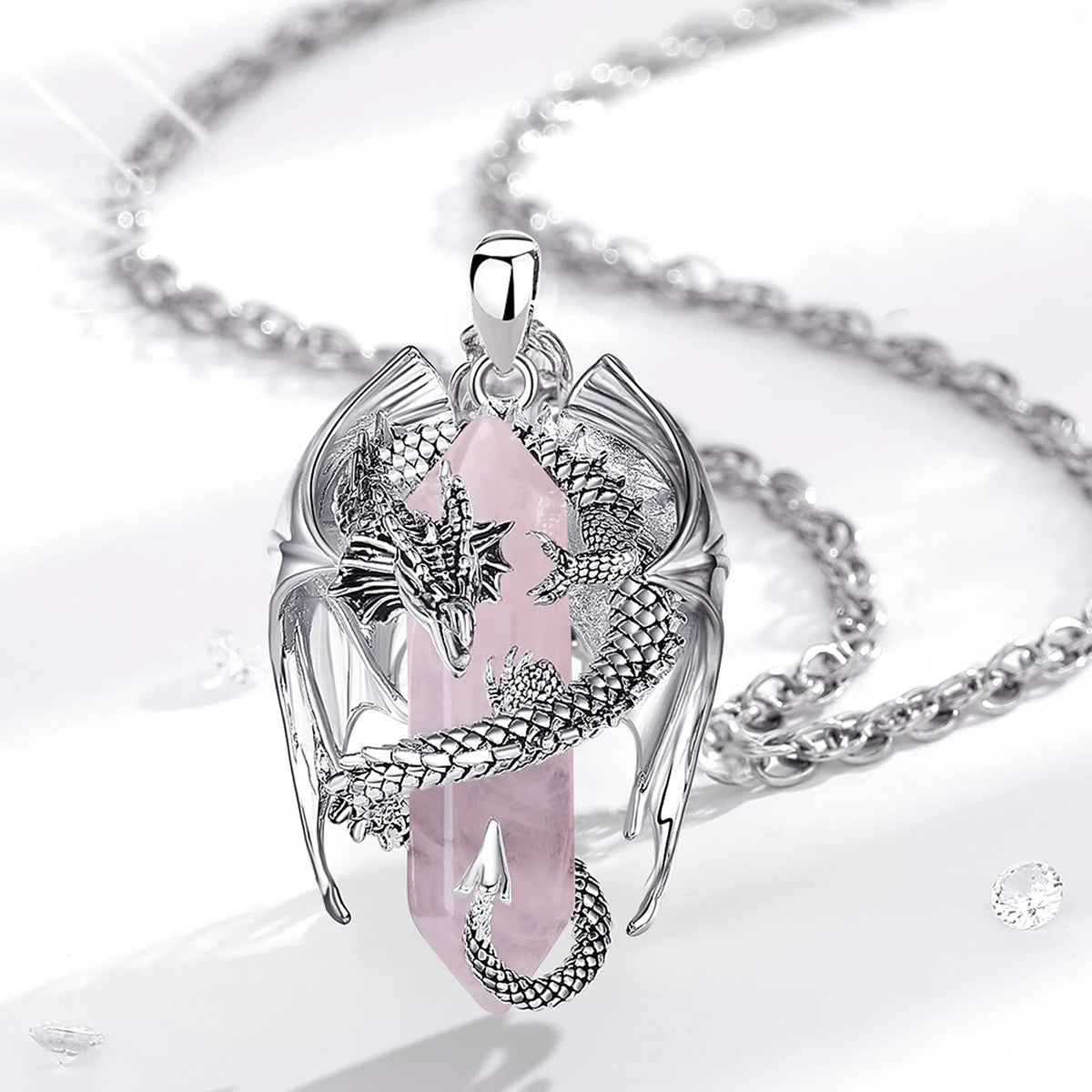 Dragon Twining Hexagonal Rose Quartz Prismatic Necklace