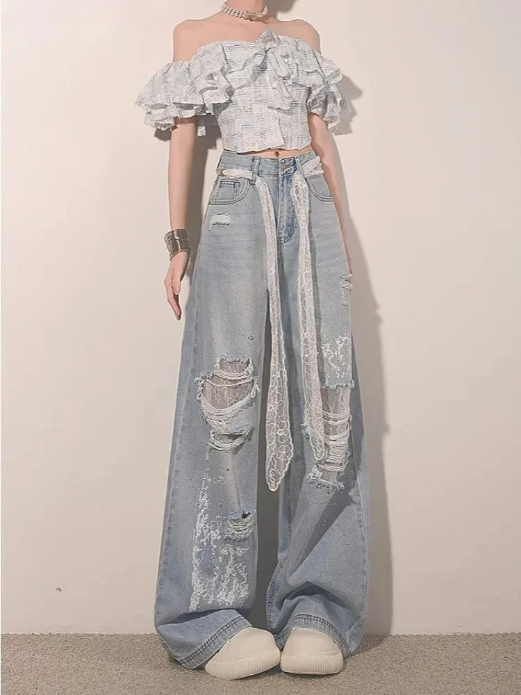 Ripped Lace Rhinestone Jeans