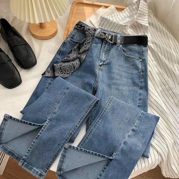 High-Waist Split Hem Slim-Fit Jeans