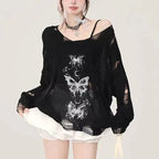 Graffiti Butterfly Hollow-Out Knit Top