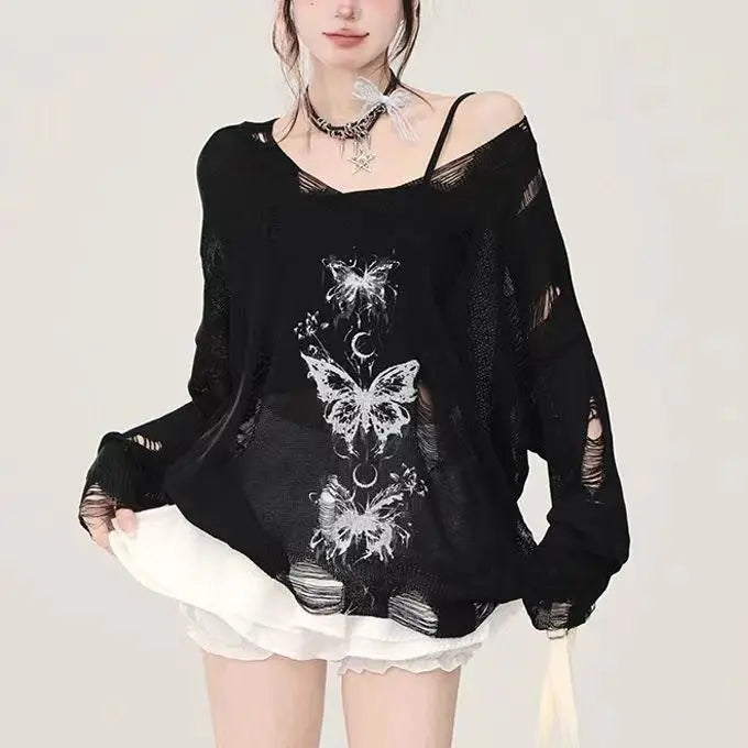 Graffiti Butterfly Hollow-Out Knit Top