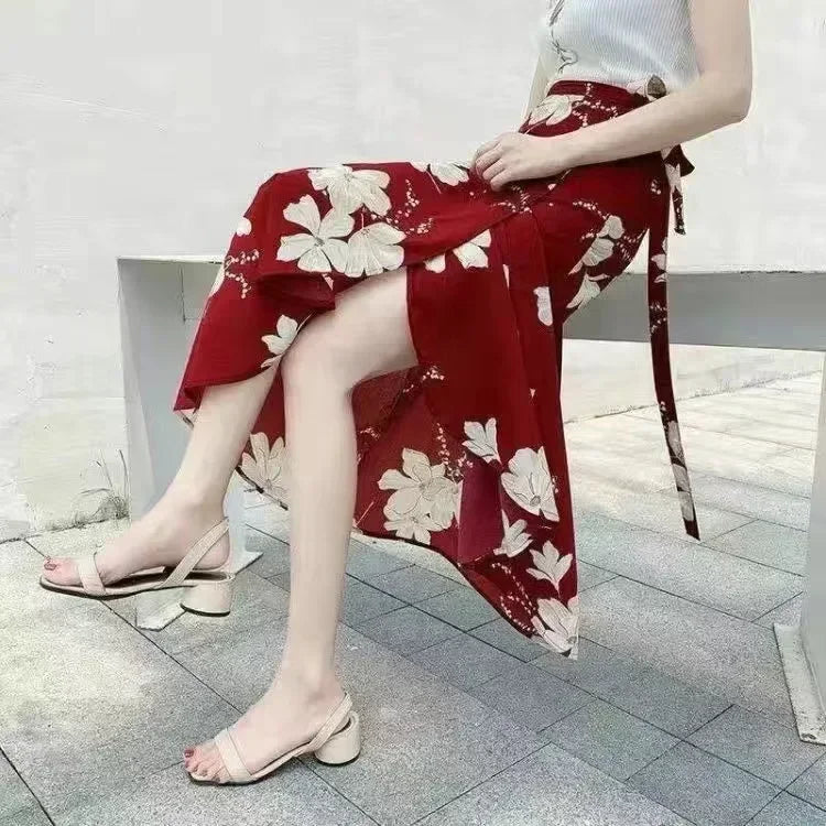 High Waisted Lace-Up Wrap Midi Skirt
