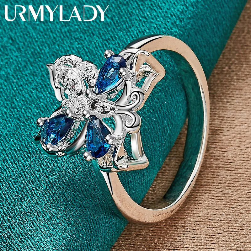 925 Sterling Silver Butterfly Blue Zircon Ring