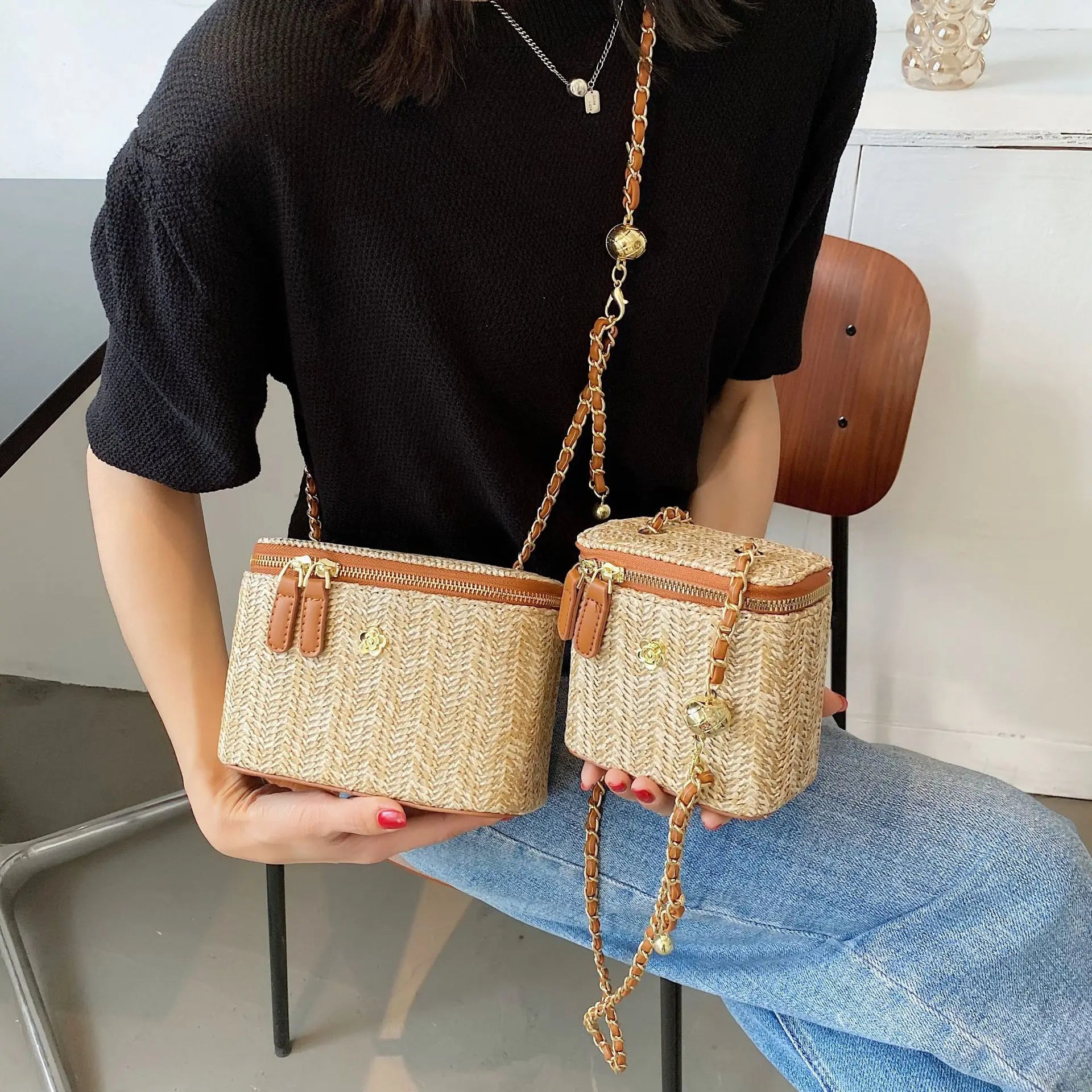 Mini Straw Bucket Crossbody