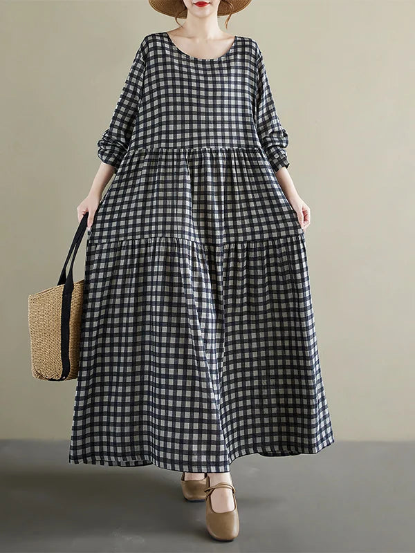 Round Neck Long Sleeve Gingham Pleated Dress