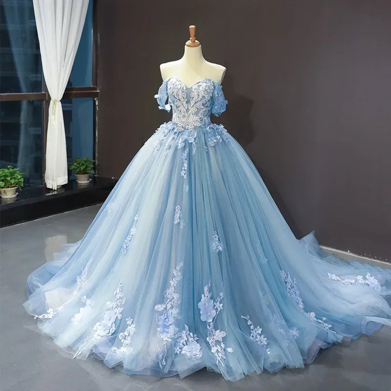 Blue Floral Applique Ball Gown