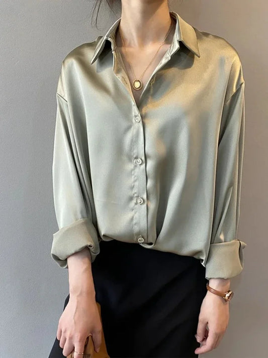 Fall Turn-down Collar Satin Loose Shirt
