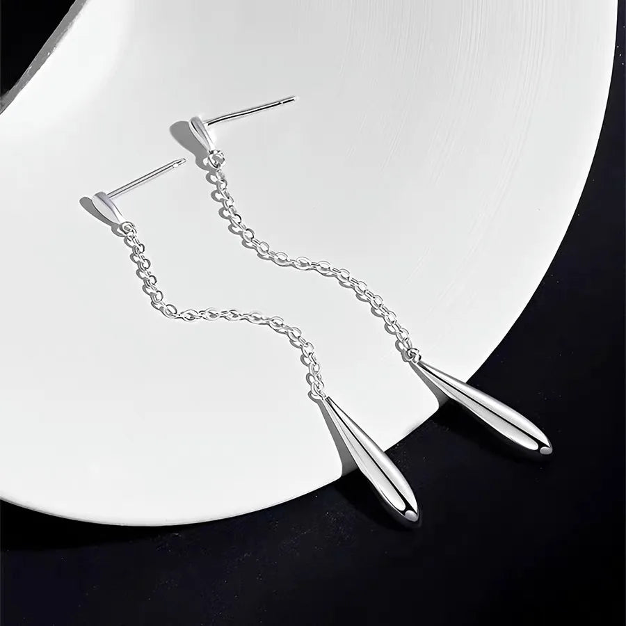 925 Sterling Silver Waterdrop Long Tassel Earring