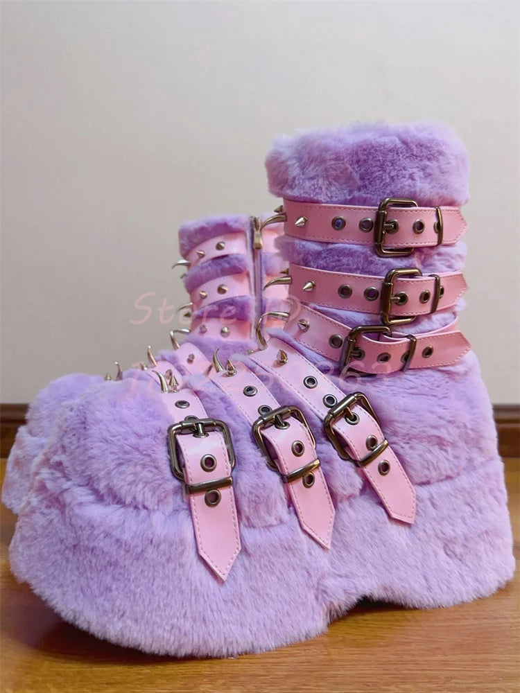 Rivet Platform Plush Furry Mid-Calf Boots
